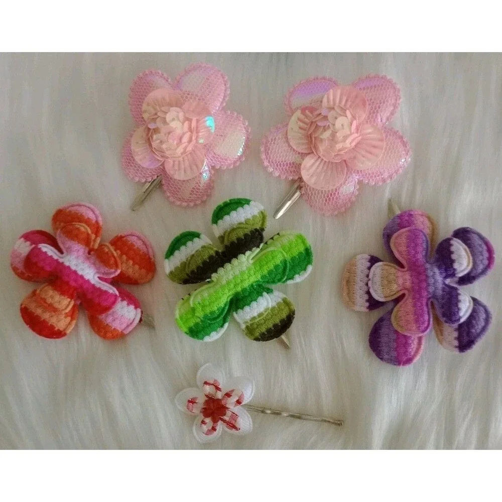 Girl's Lot Of 6 Handmade Assorted Flower Hair Clips Girl's Accessories Colorful